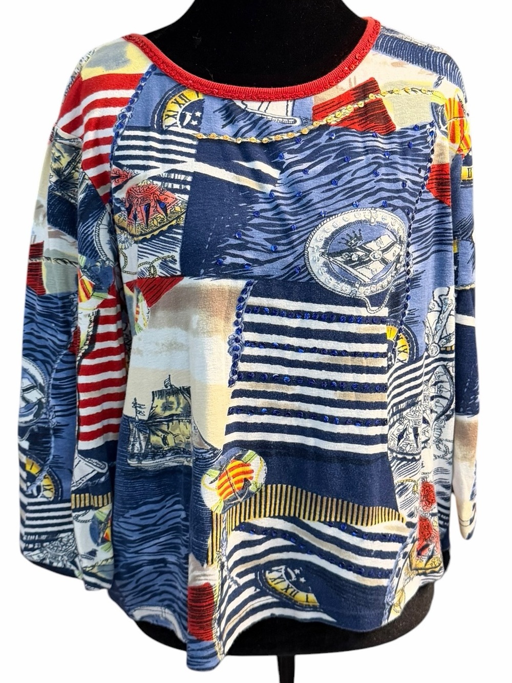 Vintage 90s Take Two Nautical Sequin Cotton Top XL Coastal Maritime